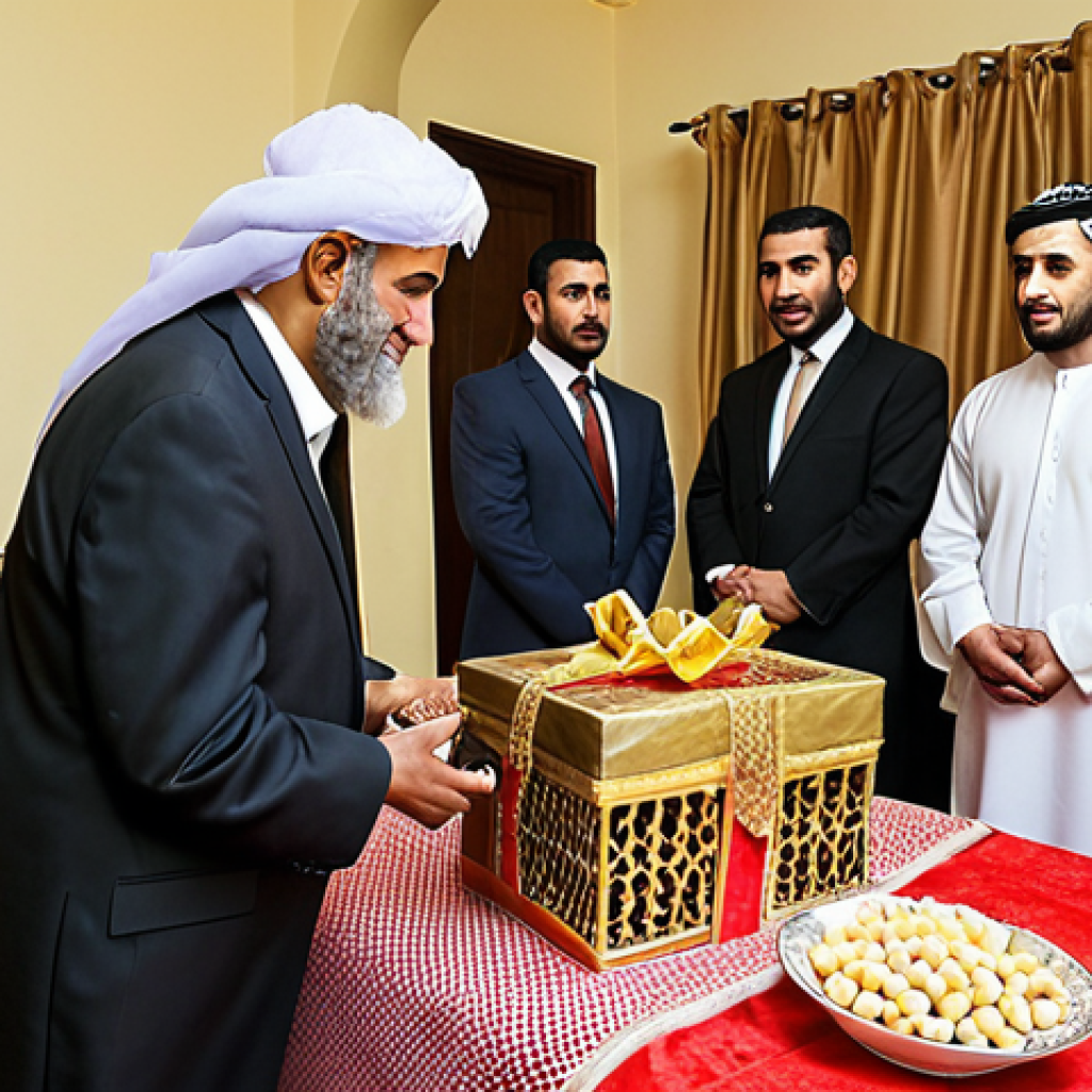 ** A Palestinian "Jaha" (marriage proposal) scene. The groom's family, led by respected elders, arrives at the bride's home with gifts of gold jewelry, silk fabrics, and sweets. Focus on the respectful atmosphere and the traditional clothing of both families.

**