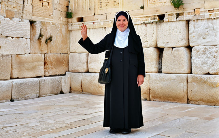 **
"A professional female tourist fully clothed in modest travel attire, standing in front of the Western Wall (Kotel) in Jerusalem, safe for work, appropriate content, perfect anatomy, natural proportions, well-formed hands, proper finger count, natural pose, daytime, clear sky, professional photography, family-friendly."
**