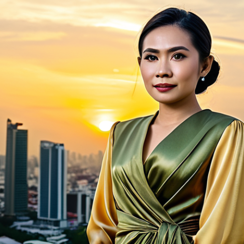 Home 10 팔레스타인과 이슬람 금융 - **Prompt:** A Thai businesswoman in a modest, elegant silk dress, standing confidently in front of t...